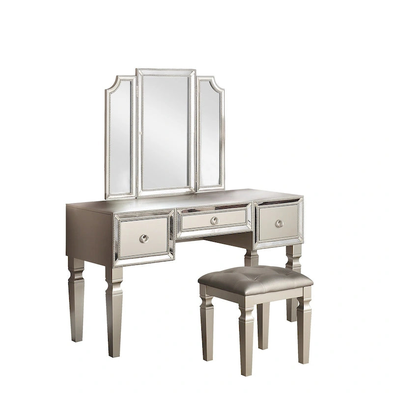 Kaptafel met drievoudige spiegel en krukje