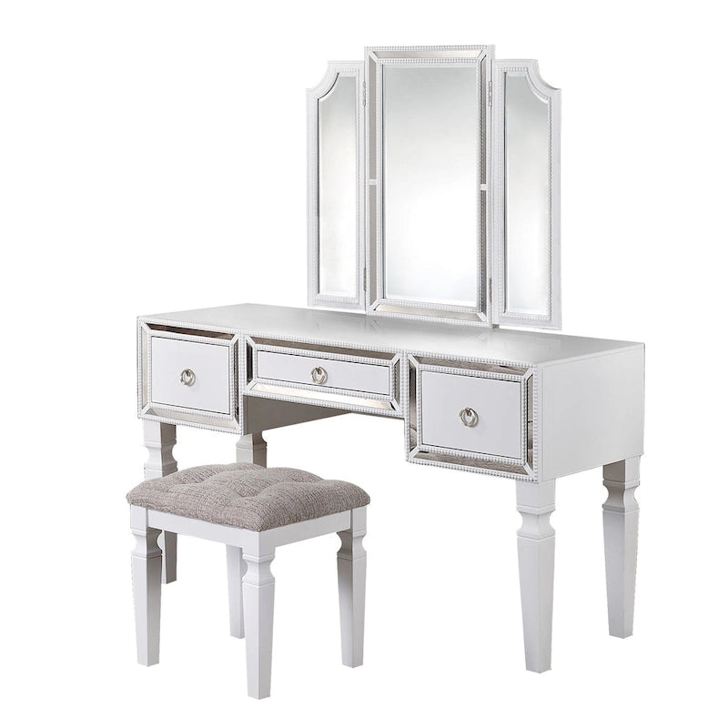 Kaptafel met drievoudige spiegel en krukje
