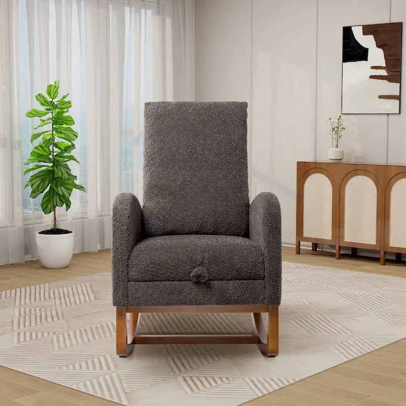 Schommelstoel met hoge rugleuning, uitschuifbare voetensteun en zijvak